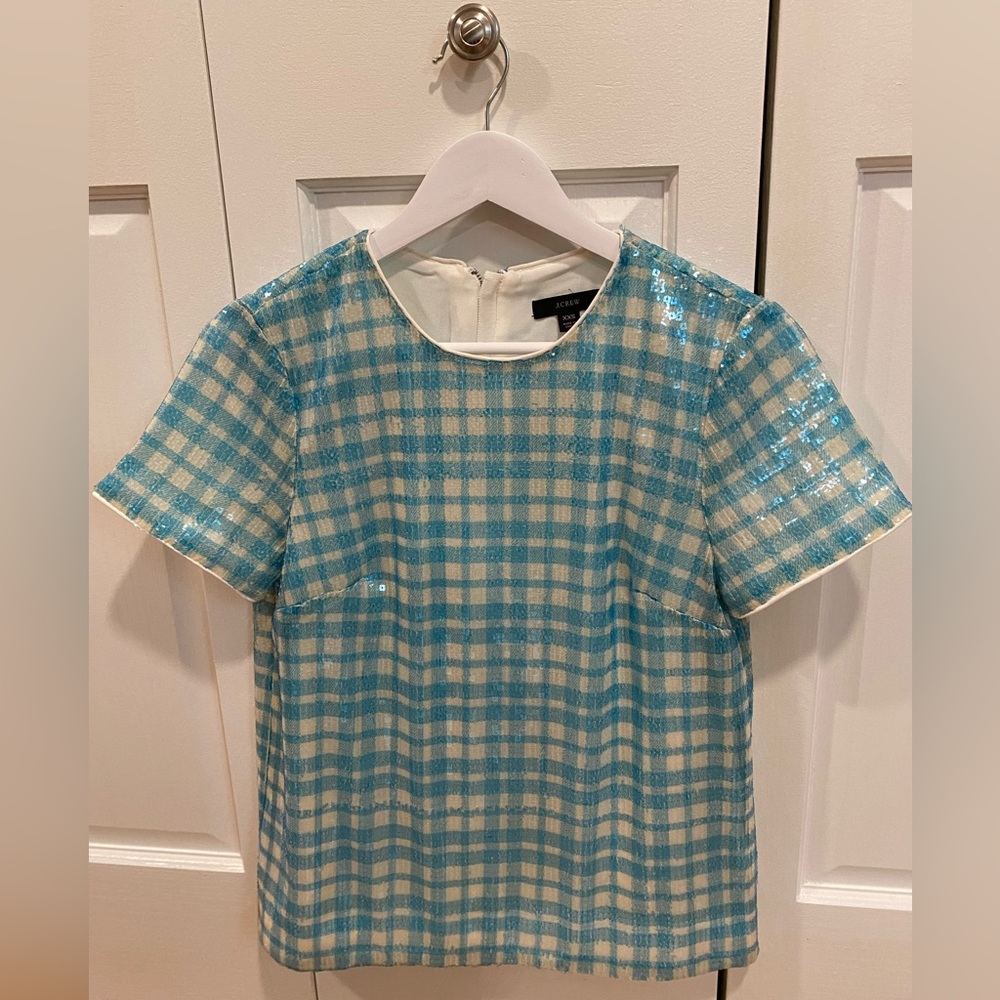 J. Crew Pink Sequin Gingham Chekered Blouse